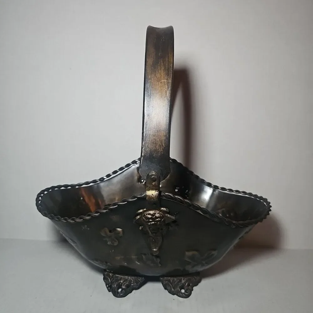 Antique Vintage Decorative Brown Metal Basket Embossed Leaves Handle